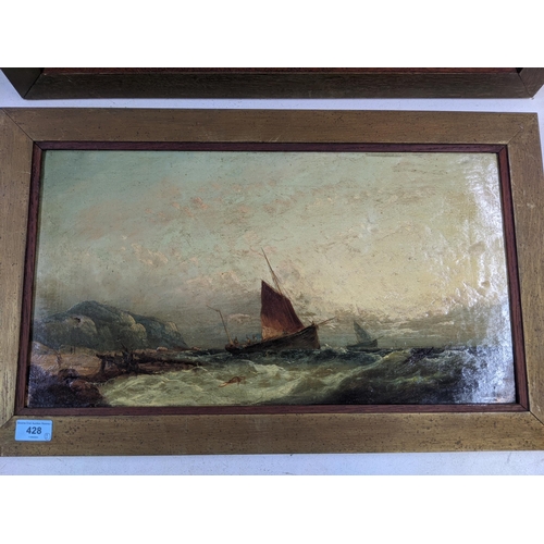 428 - Two seascapes, oil on canvas depicting boats near the shore with cliffs in the background, indistinc... 