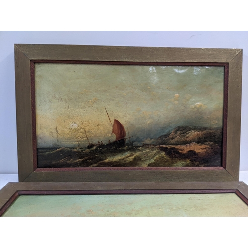 428 - Two seascapes, oil on canvas depicting boats near the shore with cliffs in the background, indistinc... 