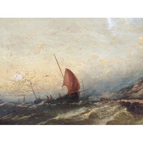 428 - Two seascapes, oil on canvas depicting boats near the shore with cliffs in the background, indistinc... 