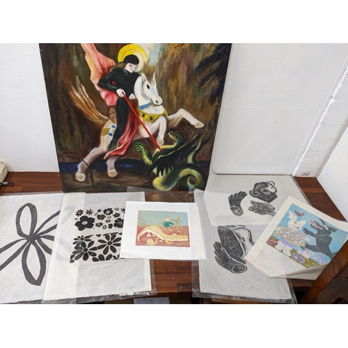 436 - Kate Corder - an oil on canvas, St George and the Dragon and prints by the same artist to include li... 