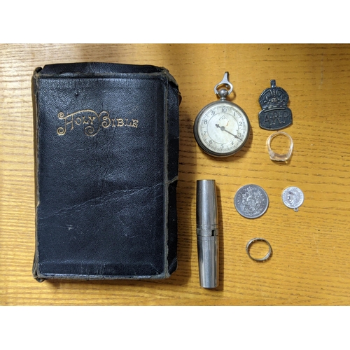 467 - Miscellaneous collection of items to include a Holy Bible, an 1886 Almanack, a Birmingham Police whi... 