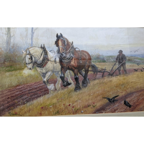 486 - N Drummond - ploughing a field, a farmer with two carthorses in a landscape, watercolour, signed low... 