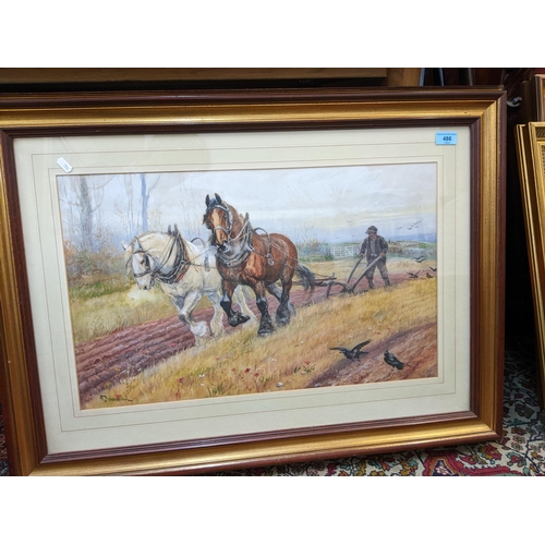 486 - N Drummond - ploughing a field, a farmer with two carthorses in a landscape, watercolour, signed low... 