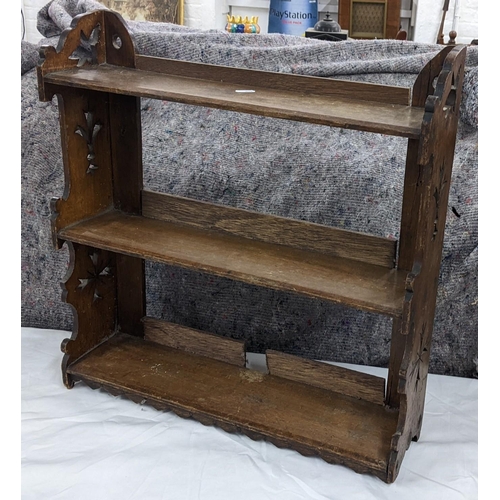 162 - Circa 1900 an oak three tier wall hanging shelf, 56hx 53.5w
Location: RWF
If there is no condition r... 