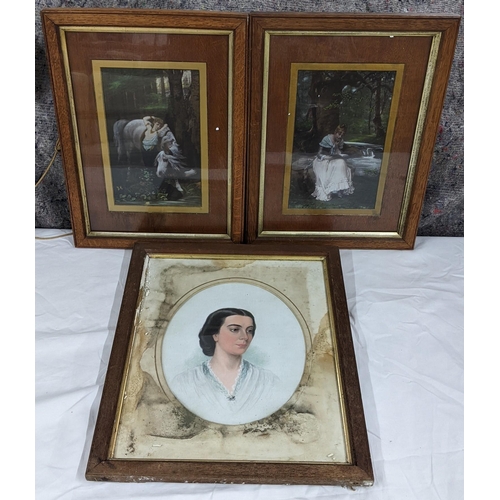 163 - Pictures to include a pair of highlighted prints and an Edwardian portrait watercolour
Location: A2M... 