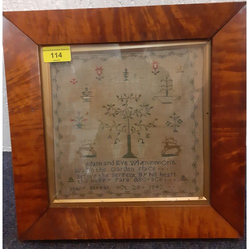 114 - An 1842 sampler using fine needlework dated October 28th 1842 worked by Mary Streat, depicting a tre... 