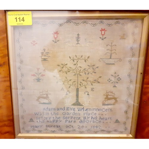 114 - An 1842 sampler using fine needlework dated October 28th 1842 worked by Mary Streat, depicting a tre... 