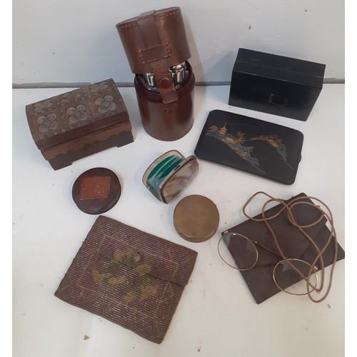 117 - Collectables to include a Cross leather flask case housing 4 small flasks, a French Houbigant gold t... 