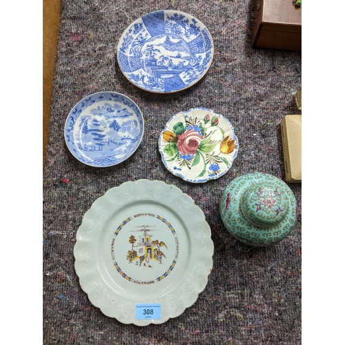 492 - Ceramics to include an 18th century Bristol Delft plate, central well depicting a figure walking in ... 