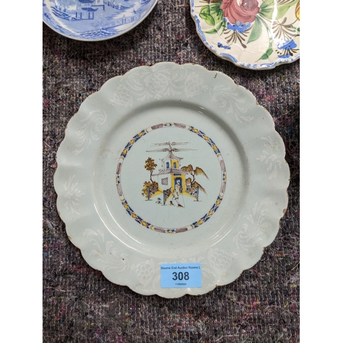 492 - Ceramics to include an 18th century Bristol Delft plate, central well depicting a figure walking in ... 