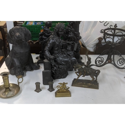 416 - Mixed metalware to include a continental cast metal figurine, a spelter figure of a soldier on horse... 