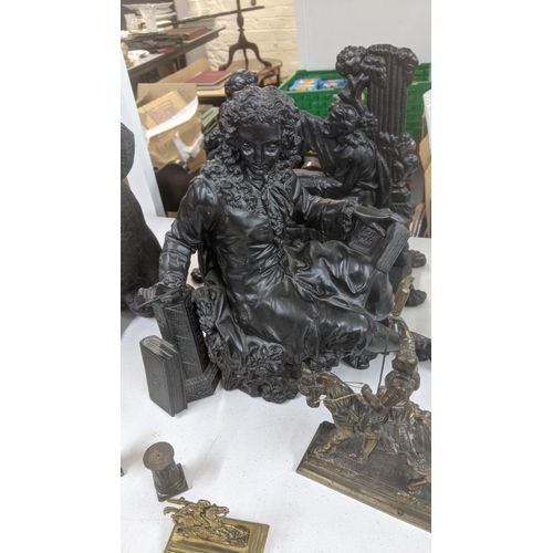 416 - Mixed metalware to include a continental cast metal figurine, a spelter figure of a soldier on horse... 