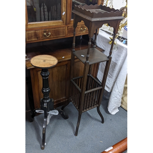 421 - An early 20th century mahogany three tier jardiniere stand and a 19th century ebonized tripod table
... 