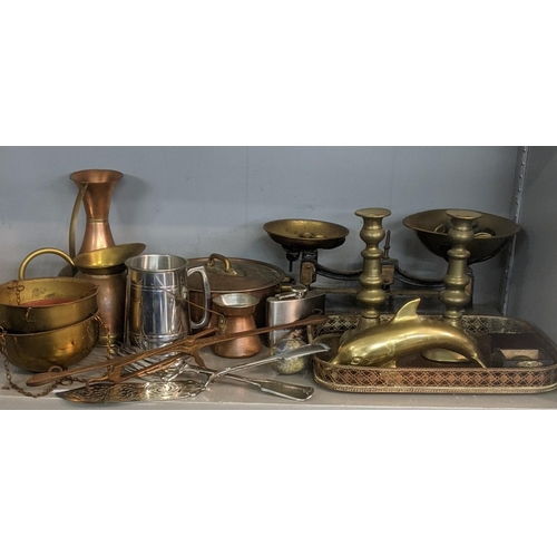 438 - Mixed metalware to include a vintage cast iron kitchen scales, copper ware and silver plate
Location... 