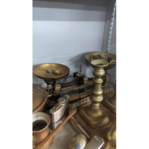 438 - Mixed metalware to include a vintage cast iron kitchen scales, copper ware and silver plate
Location... 