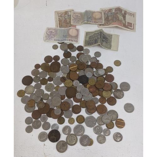 441 - Mixed coinage from around the world to include an 1883 one shilling and others, together with bank n... 