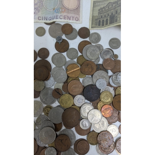 441 - Mixed coinage from around the world to include an 1883 one shilling and others, together with bank n... 