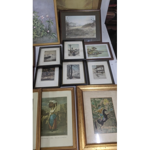 444 - Mixed framed and glazed pictures to include three Cries of London, E Patricia Dyson wild floral prin... 