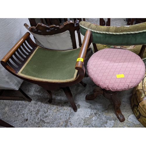 465 - Group of three Victorian and Edwardian piano stools to include a carved oak swivel stool with uphols... 