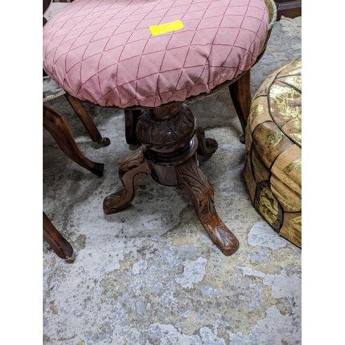 465 - Group of three Victorian and Edwardian piano stools to include a carved oak swivel stool with uphols... 