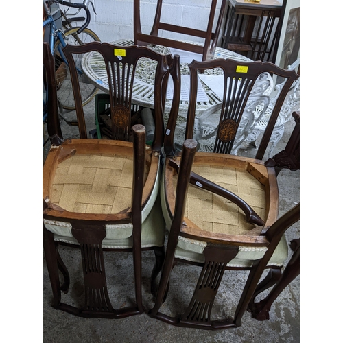 467 - Mixed chairs to include four Edwardian inlaid mahogany dining chairs with pierced central splats, up... 