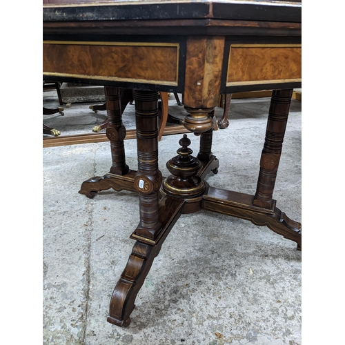 471 - A Victorian ascetics style table, quarter cut walnut octagonal top with engraved and ebonized border... 