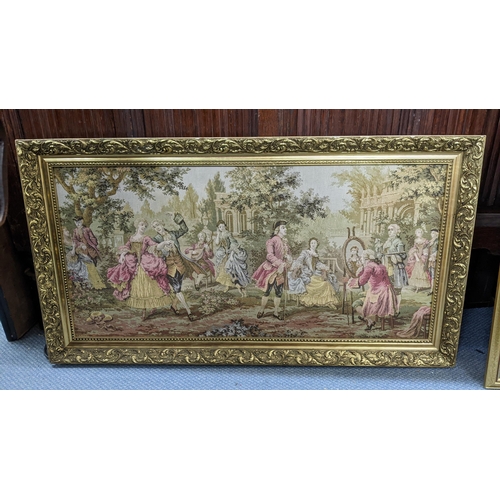 483 - A tapestry depicting a classical scene mounted in an ornate frame, together with a framed puzzle pic... 