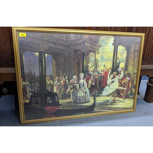 483 - A tapestry depicting a classical scene mounted in an ornate frame, together with a framed puzzle pic... 