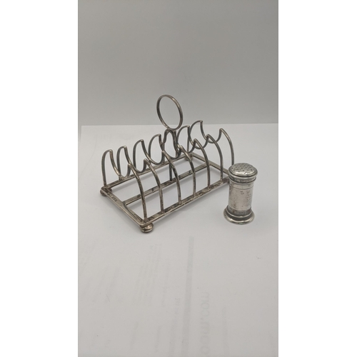 107 - A silver toast rack on four ball feet A/F, together with a pepper pot, total weight 218g
Location:A3... 