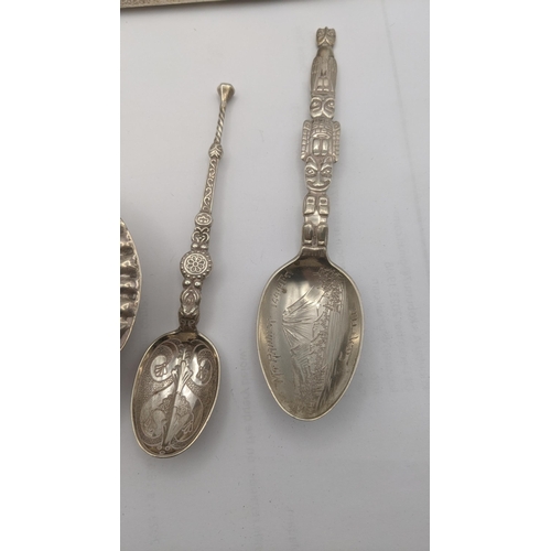 127 - Silver to include two pin dishes, a dressing table brush, a sterling silver spoon, inscribed 'Indian... 