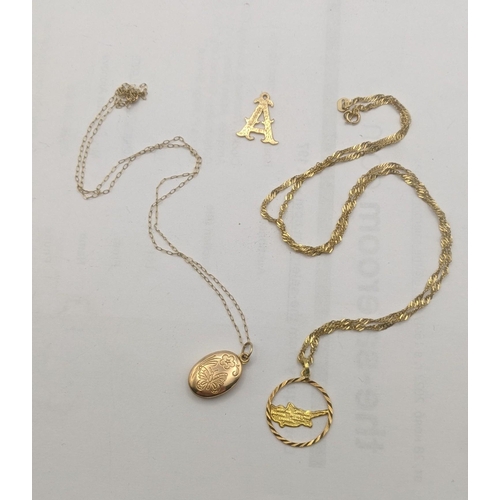 14 - Two 9ct gold necklaces 1.9g, together with a part 18ct gold pendant and a 9ct gold front and back lo... 