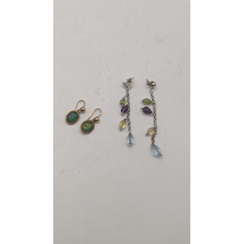 157 - A pair of 9ct yellow gold and opal earrings, together with a pair of 9ct white gold tri-coloured tas... 