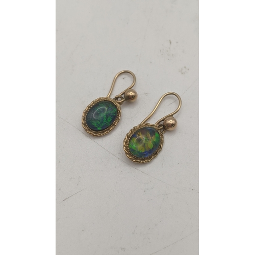 157 - A pair of 9ct yellow gold and opal earrings, together with a pair of 9ct white gold tri-coloured tas... 