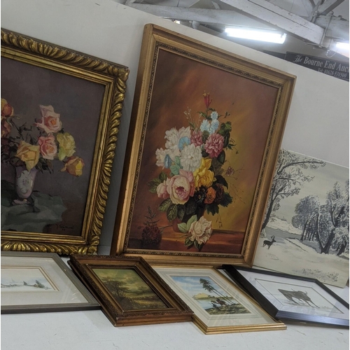 185 - Mixed paintings to include an oil still life signed J Sola Morell, along with a watercolour depictin... 