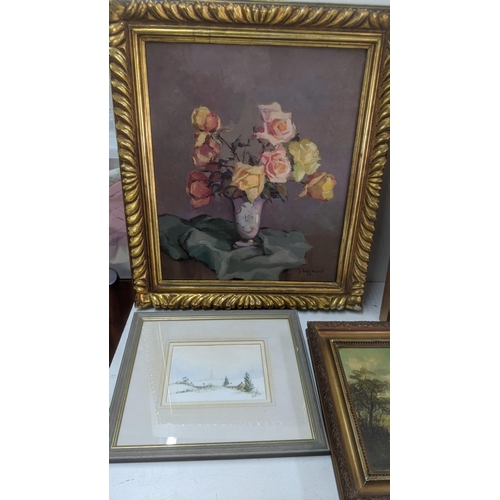 185 - Mixed paintings to include an oil still life signed J Sola Morell, along with a watercolour depictin... 