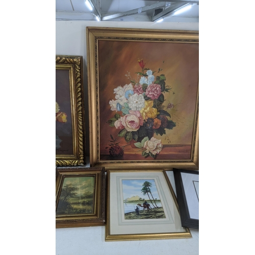 185 - Mixed paintings to include an oil still life signed J Sola Morell, along with a watercolour depictin... 