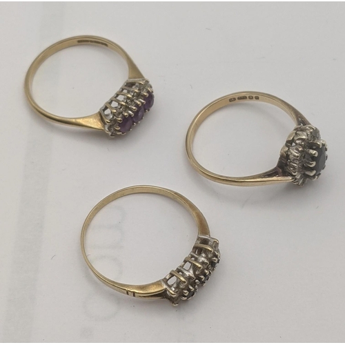 5 - Three 9ct gold lady's rings to include a cluster ring set with diamonds and amethysts, total weight ... 