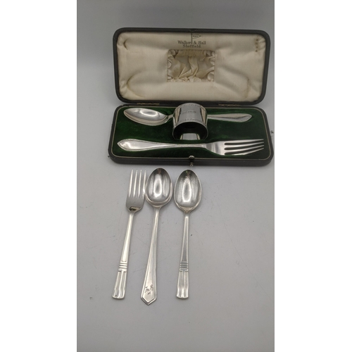 88 - Silver to include a Walker and Hall christening set comprising of a napkin ring, spoon and fork hall... 