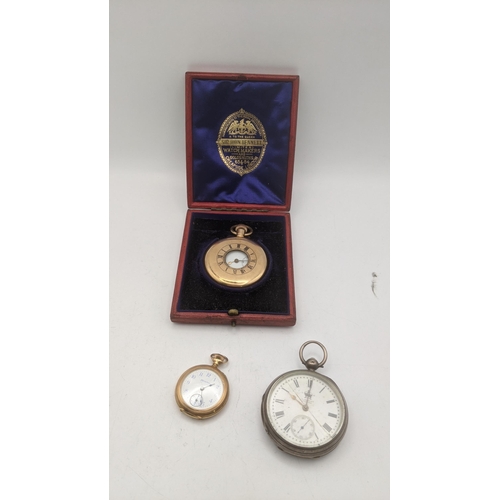 91 - Three late 19th /early 20th century pocket watches to include a silver open faced watch and  gold pl... 