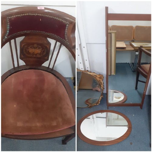 507 - An Edwardian inlaid mahogany tub chair together with a teak wall mirror and 2 others. Location:A4M
I... 