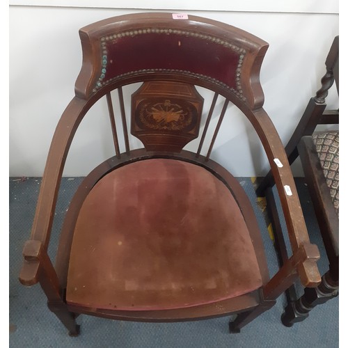 507 - An Edwardian inlaid mahogany tub chair together with a teak wall mirror and 2 others. Location:A4M
I... 