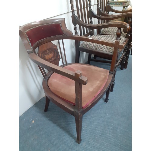 507 - An Edwardian inlaid mahogany tub chair together with a teak wall mirror and 2 others. Location:A4M
I... 