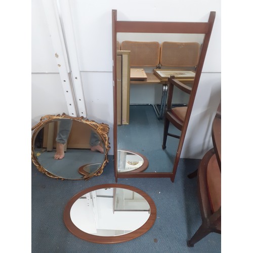 507 - An Edwardian inlaid mahogany tub chair together with a teak wall mirror and 2 others. Location:A4M
I... 