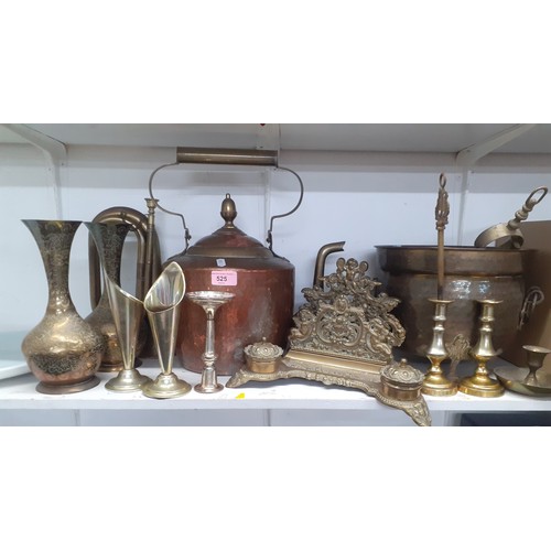 525 - A quantity of Victorian and later brassware to include a bugle, a large teapot, decorative Eastern i... 