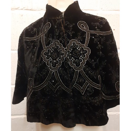 35 - A Victorian black velvet cape with embroidery and beadwork, approx 15