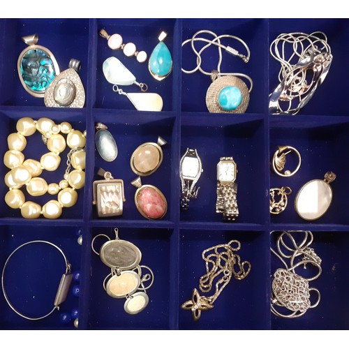 56 - A quantity of costume jewellery to include a silver tone Equilibrum necklace with blue stone and whi... 