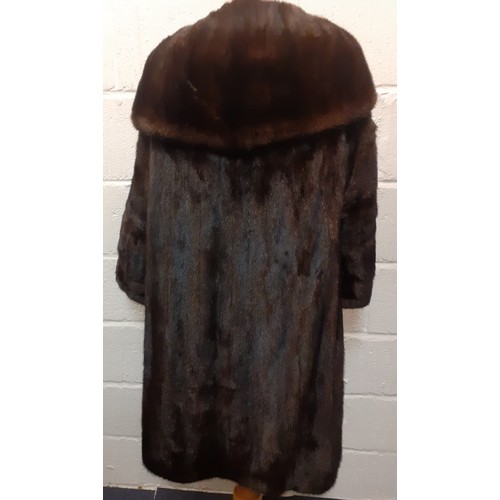 59 - A dark brown glossy mink coat with shawl collar and flared sleeves having 2 side pockets, approx 44