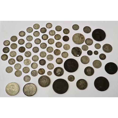 134 - Mixed Coins of interest to include a James I Sixpence A/F holed, 1792 Lancaster Halfpenny Token, Geo... 