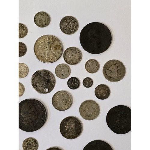 134 - Mixed Coins of interest to include a James I Sixpence A/F holed, 1792 Lancaster Halfpenny Token, Geo... 