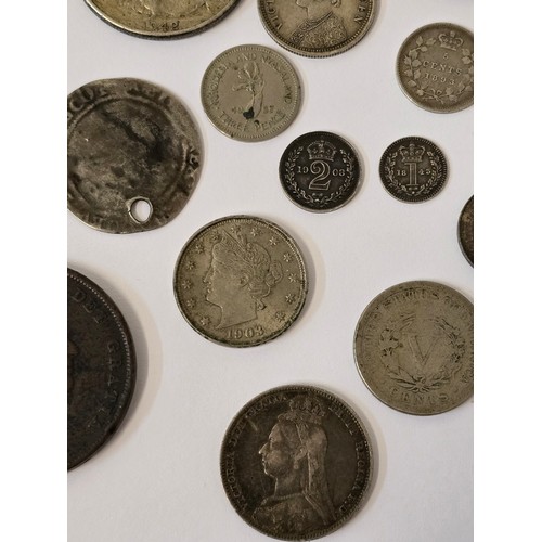 134 - Mixed Coins of interest to include a James I Sixpence A/F holed, 1792 Lancaster Halfpenny Token, Geo... 